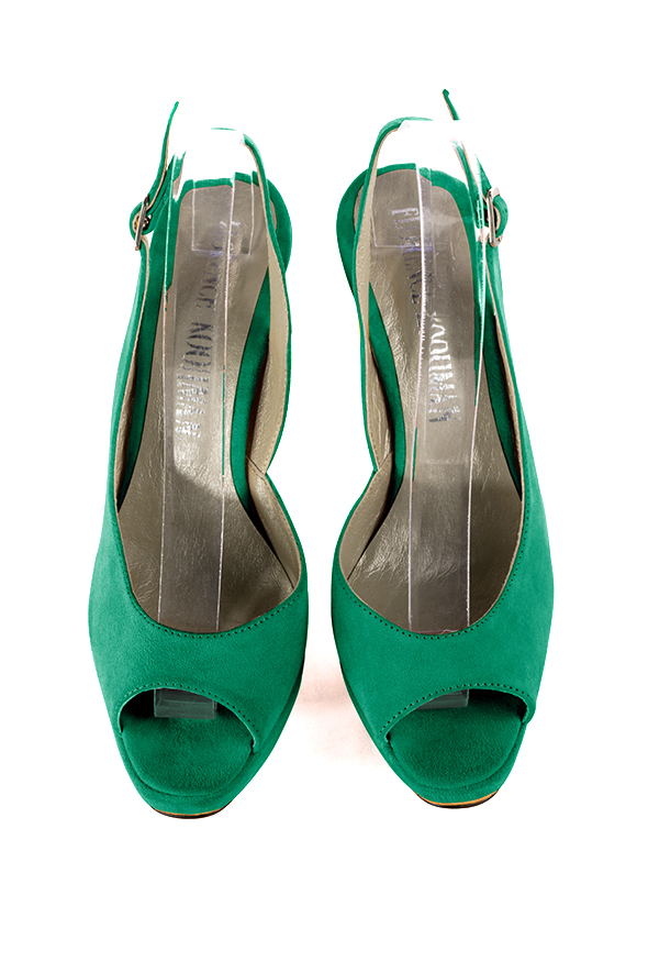 Sandales élégantes et raffinées pour soirées et cérémonies, coloris vert émeraude. Bout rond. Très haut. Talon fin. Plateforme à l'avant. Cérémonie, soirée, cocktail, évènementiel. Personnalisation : Choix des cuirs, 
                des couleurs et des talons. Petites et grandes pointures. - Florence KOOIJMAN